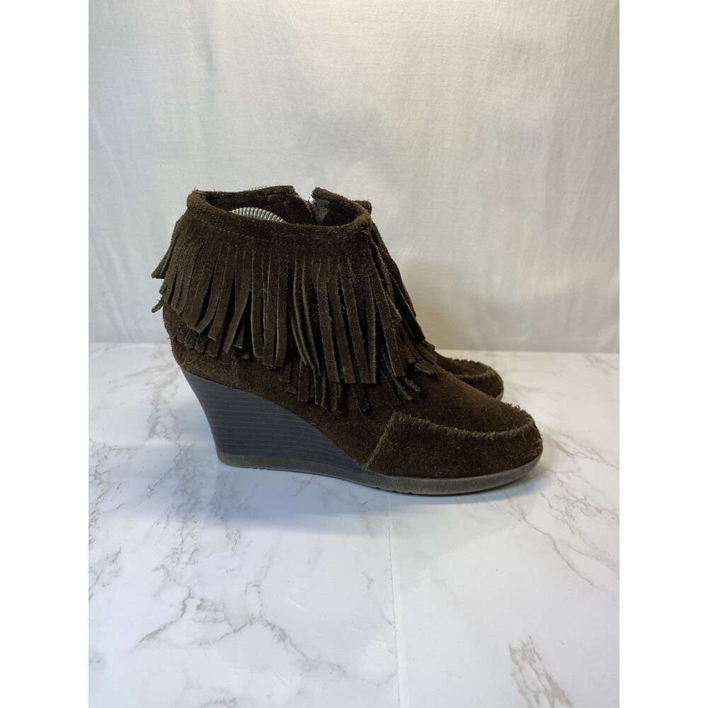 Minnetonka Brown Suede Fringe Ankle Wedge Zip Up Moccasin Boots Womens Size 7 - Picture 2 of 8